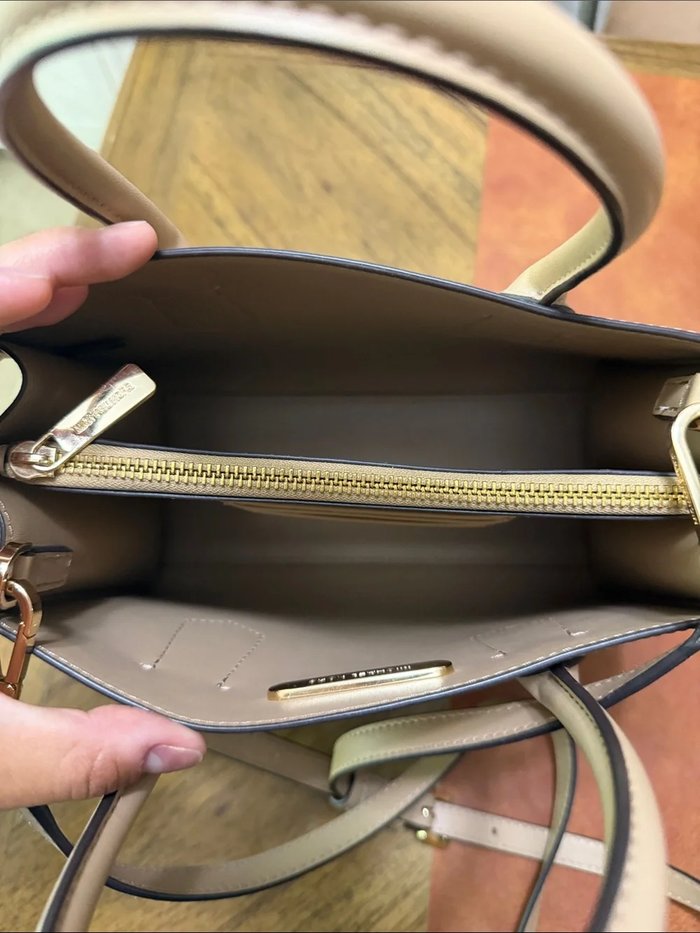 Michael Kors Taupe Saffiano Leather Satchel with Gold Studs
